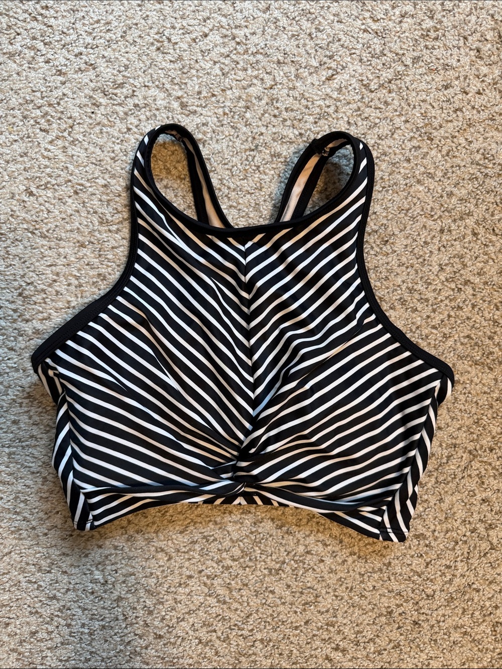 Kona Sol Black and White Striped High Neck Bikini Top